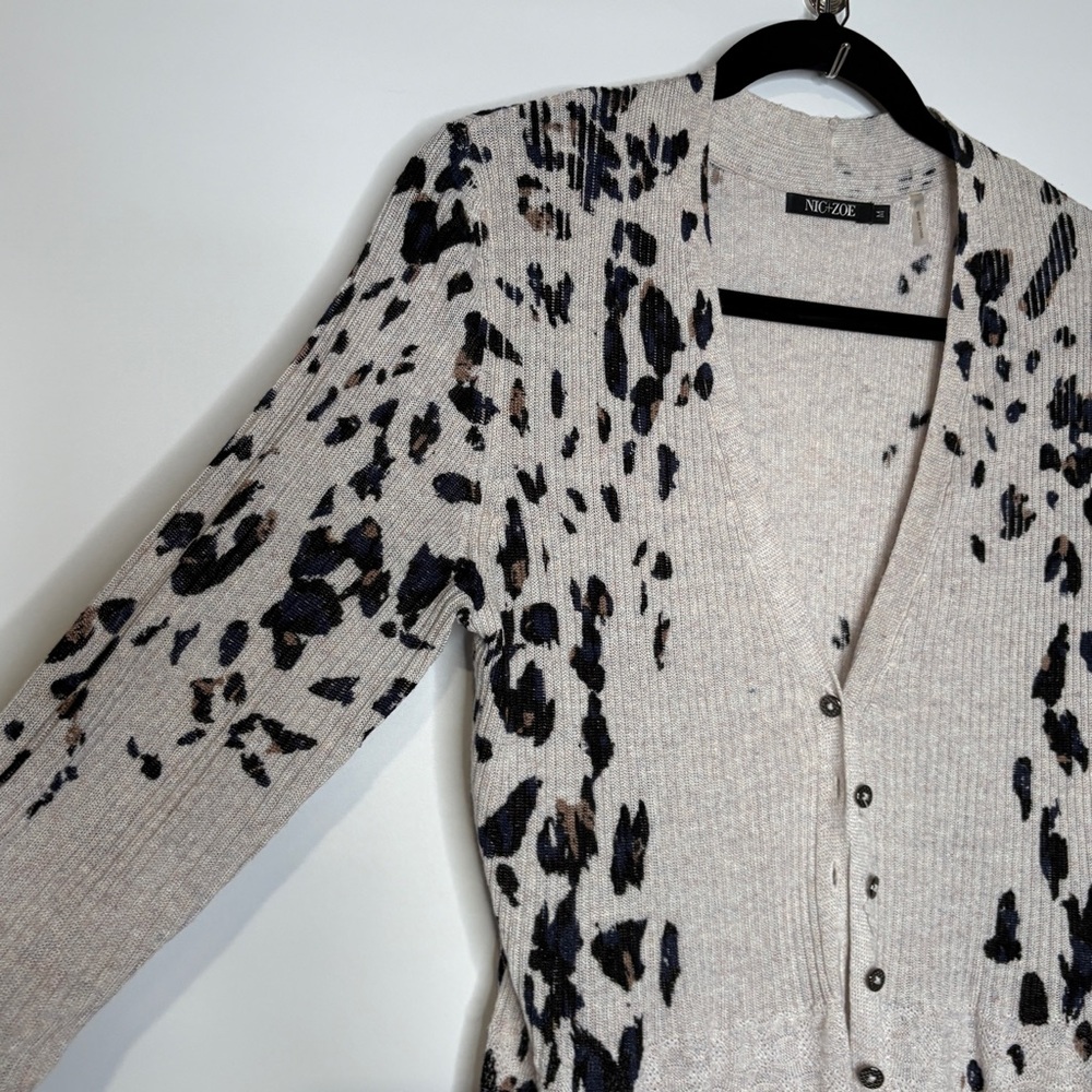 Nic+Zoe Leopard Print Linen Blend Duster Cardigan Size Medium Oatmeal & Black - Picture 2 of 8